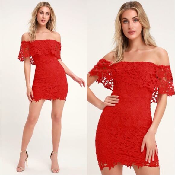 Lulus Women's Genevieve Red Off the Shoulder Lace Mini Dress Size Small - Picture 1 of 5